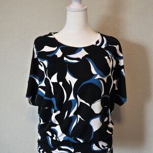 Chico's Abstract Black White Blue Tunic Blouse Ruched Dolman Sleeve Size 1 M
